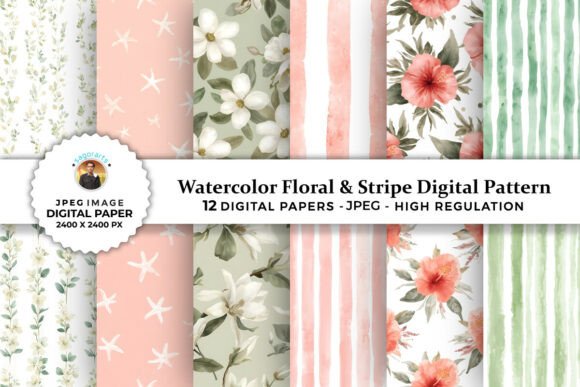 Download Watercolor Floral &amp; Stripe Digital Paper - Stripe digital paper Collection