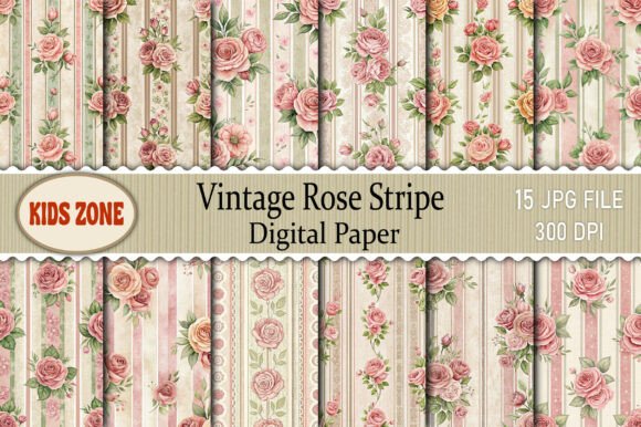 Download Vintage Rose Stripe Digital Paper - Stripe digital paper Collection